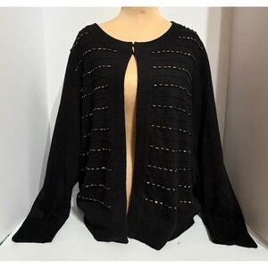 Talbots Womens XL Black Beaded Soft Lambswool Blend Open Front Cardigan Sweater